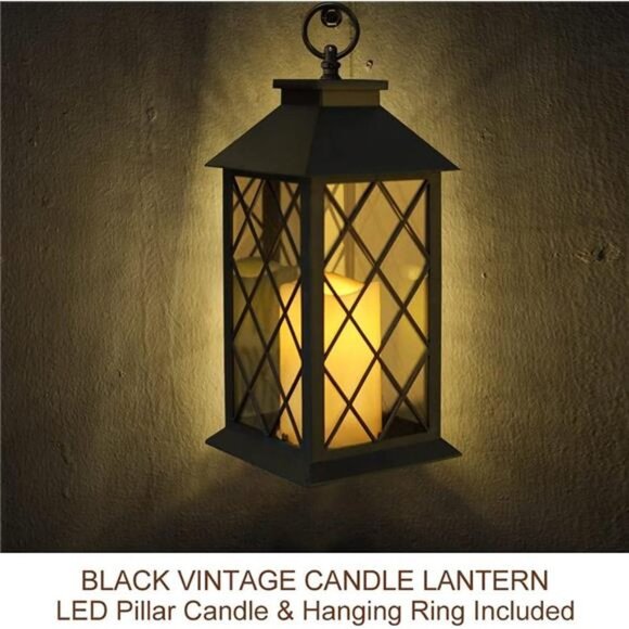 2-Pack 13.5" Vintage Candle Lantern with LED Pillar Candle (Black, 6hr Timer) - Picture 4 of 8